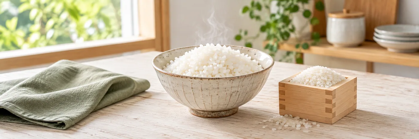 炊きたてのごはんと精米を並べた食卓のイメージ